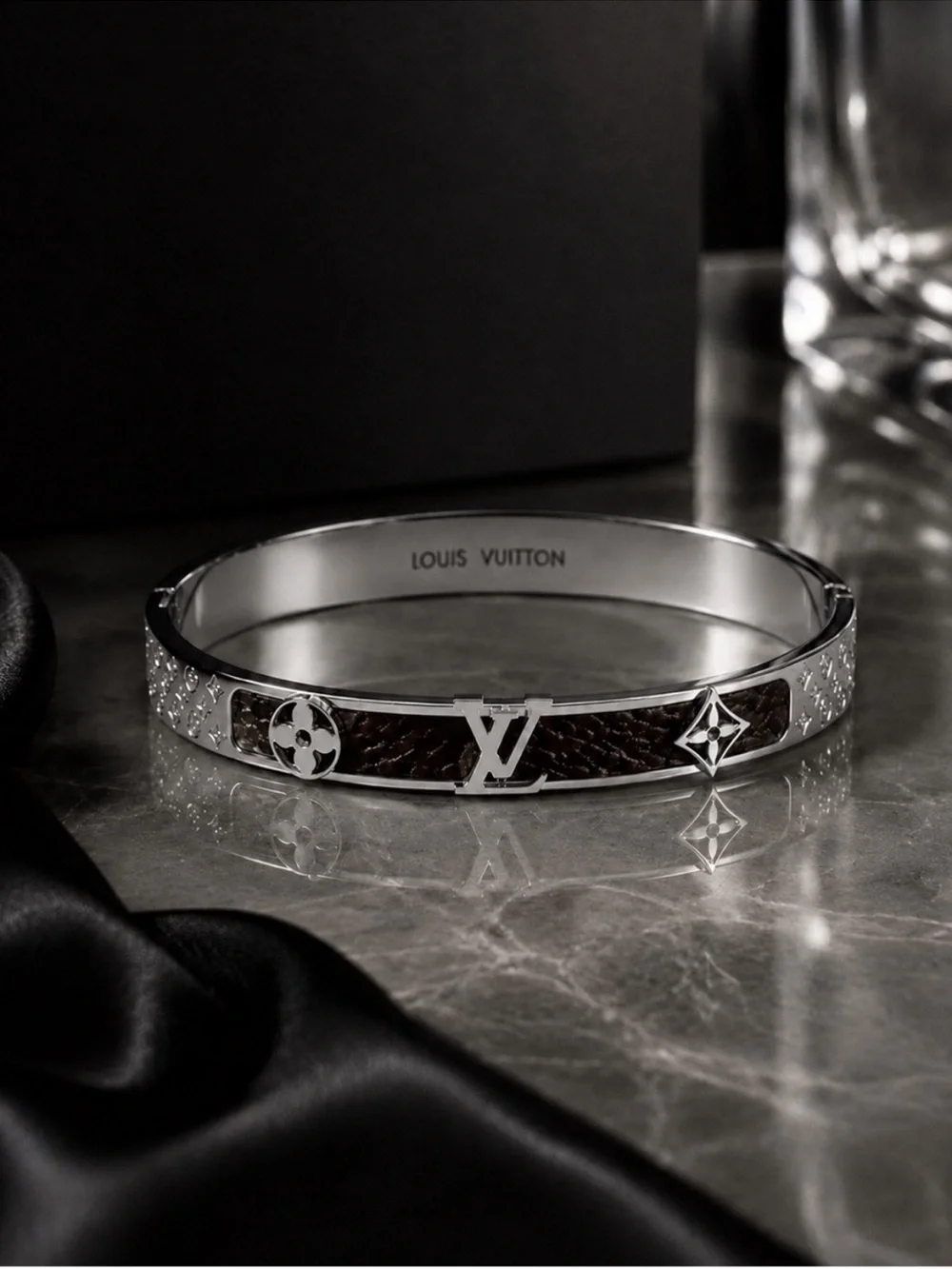 Silver and Brown LV Monogram Hinged Bangle Bracelet